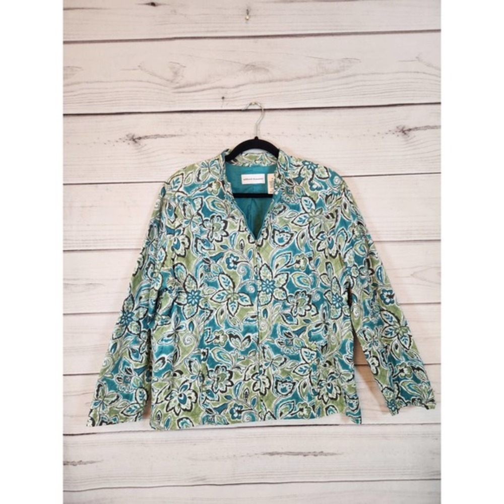 Alfred Dunner Women's Green Cotton Floral Long Sleeve Full Zip‎ Jacket Size 16